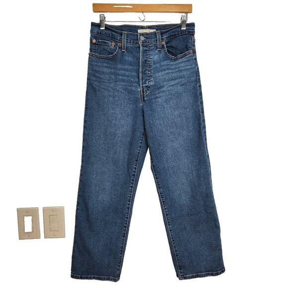 Levi's Ribcage Straight Ankle Jeans 28 Blue Buttonfly High Rise Stretch Denim - Picture 1 of 13